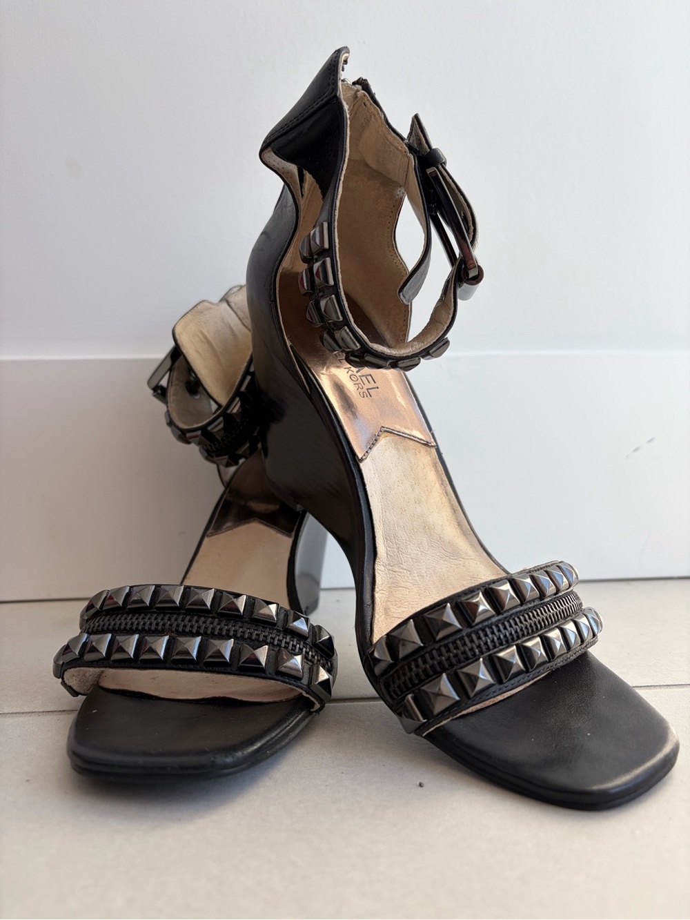 MICHAEL Michael Kors Black Studded Zip Ankle Strap Heeled Sandals | Size 8